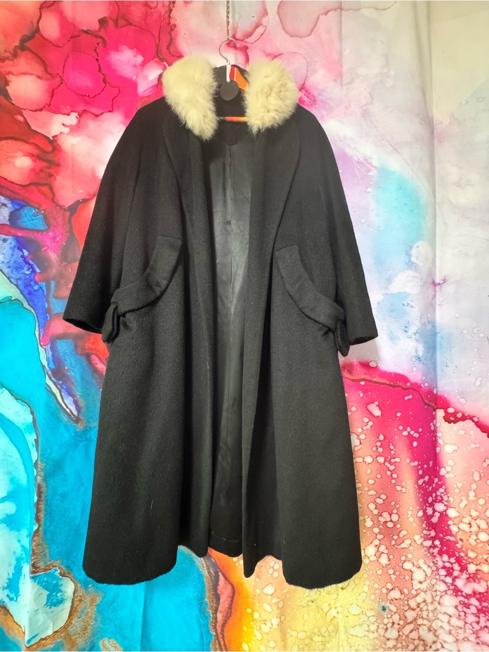 Vintage Black Wool Swing Coat with removable Cream Fur Collar